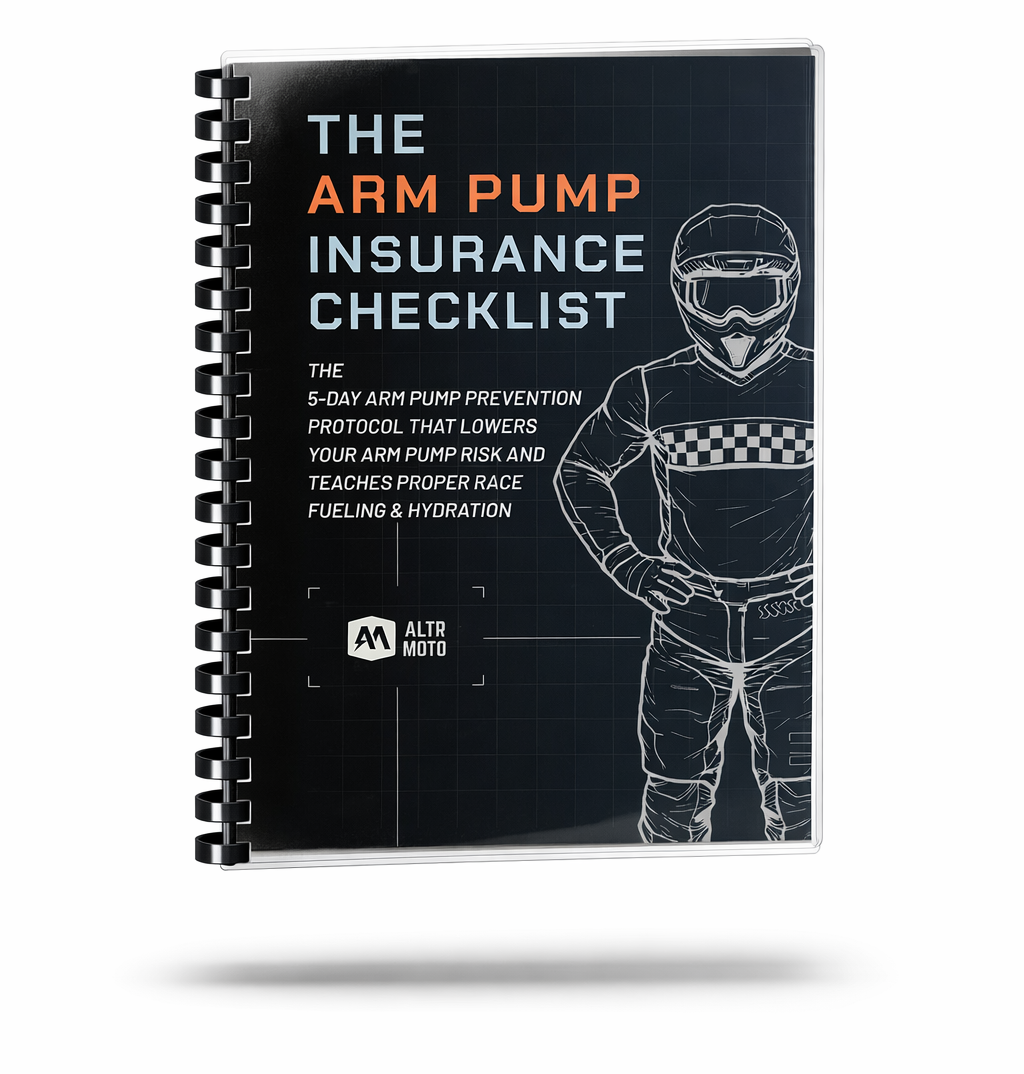 Arm pump insurance checklist book with a racing helmet and suit illustration on a white background